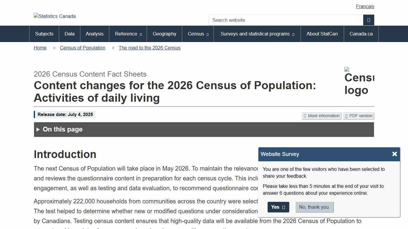 Content changes for the 2026 Census of Population: Activities of daily living